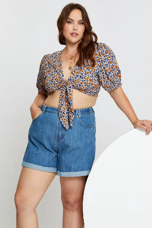 Blue Plus High Rise Elastic Waist Relaxed Blue Shorts