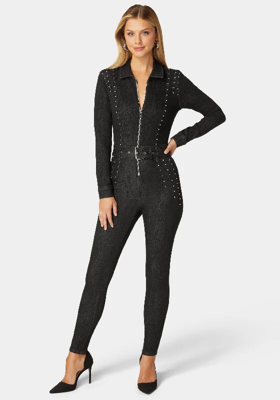 Skinny Studded Zip Up Front Denim Jumpsuit